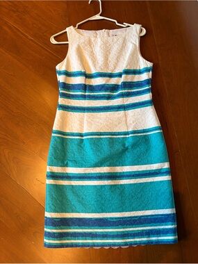 Trina Turk White and Teal Striped Sleeveless Sheath Dress 0